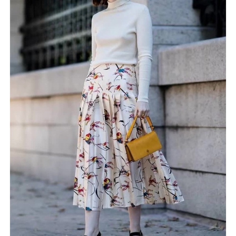 Tory Burch Silk‎ Pleated Dancer Print Vance Silk Midi Skirt Size 8 EUC